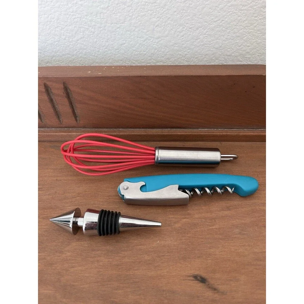 3pc Misc Set Waiter Corkscrew w/ Handle, Bottle/Wine Stopper & Mini Whisk